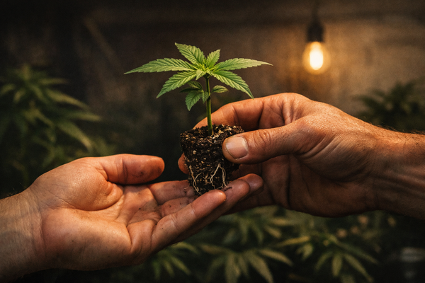 Hands exchanging a cannabis clone