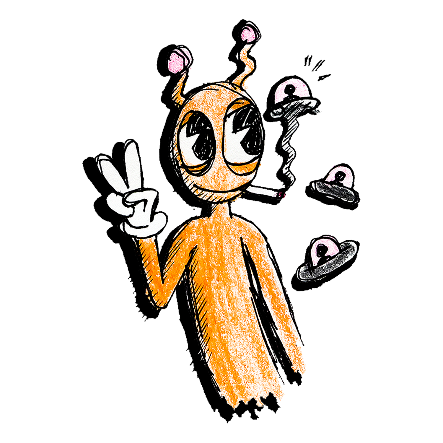 The Boy With No Legs character waving peace sign, surrounded by UFOs, in cosmic artwork.